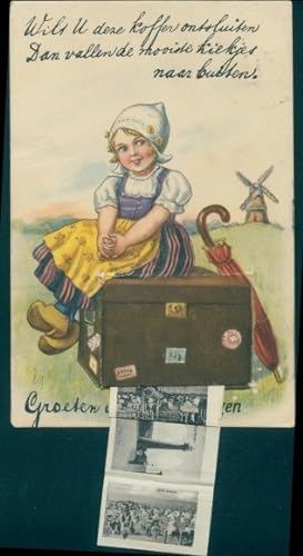 Leporello Ansichtskarte / Postkarte Mädchen in Tracht auf Koffer sitzend, Windmühle, Leuchtturm, ...