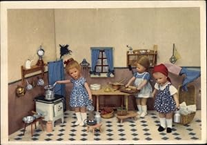 Ansichtskarte / Postkarte Puppen in einer Küche, Herd, Nudelholz