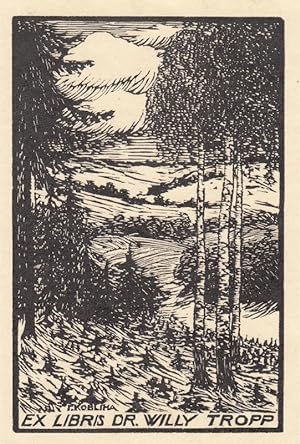 Bild des Verkufers fr Ex Libris Dr. Willy Tropp. Berglandschaft mit Bumen. zum Verkauf von Antiquariat  Braun