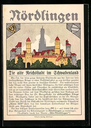 Steindruck-Ansichtskarte Nördlingen, Blick auf die alte Reichsstadt, Wappen