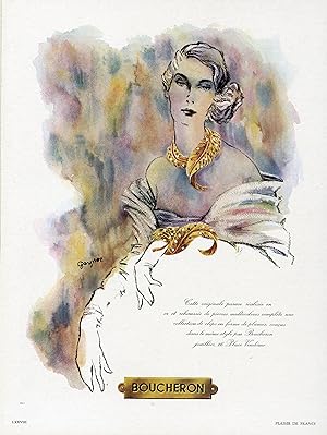 "BOUCHERON" Annonce originale entoilée parue dans PLAISIR DE FRANCE illustrée par GAYNOR (fin 40)