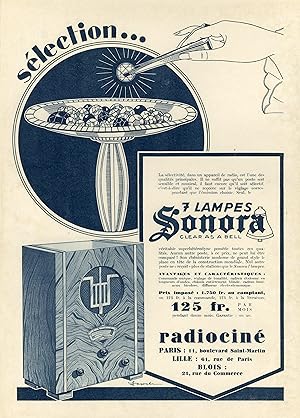 "SONORA SÉLECTION" Annonce originale entoilée parue dans MIROIR DU MONDE (années 30)