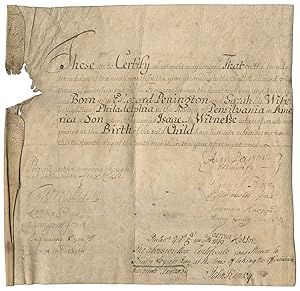 Pennsylvania Founder William Penn Signs Birth Certificate for Isaac Penington, a Member of His Ex...