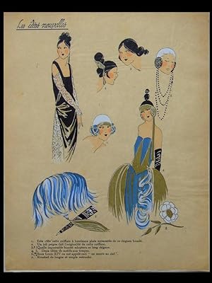 FRENCH ART DECO FASHION, ACCESSORIES -1922 POCHOIR PRINT- IDEES NOUVELLES, MODE ART DECO, COIFFURE