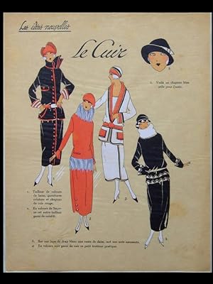 FRENCH ART DECO FASHION, LEATHER -1922 POCHOIR PRINT- IDEES NOUVELLES, MODE ART DECO , CUIR