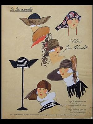 FRENCH ART DECO FASHION, HATS, JANE BLANCHOT -1922 POCHOIR PRINT- IDEES NOUVELLES, MODE, CHAPEAUX