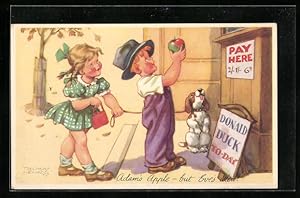 Bild des Verkufers fr Knstler-Ansichtskarte sign.: Thomas Henry, Kinder mit Hund wollen Apfel kaufen, Schild: Donald Duck To Day zum Verkauf von Bartko-Reher
