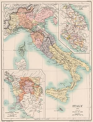 Italy 1454 after the Peace of Lodi; Inset maps of central States of the Church after Papal restor...