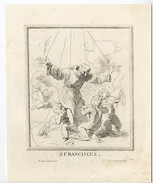 Image du vendeur pour Antique Master Print-SAINT FRANCIS-ANGELS-CRUCIFIX-Coelemans-Lafage-1767 mis en vente par Pictura Prints, Art & Books