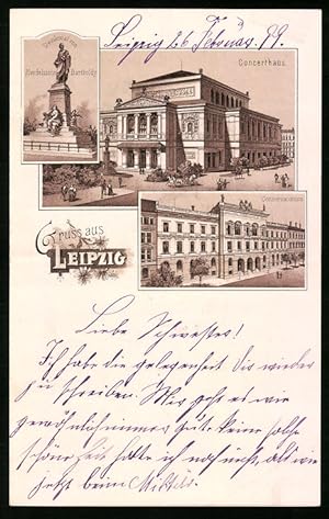 Briefkopf Leipzig 1899, Concerthaus, Conservatorium, Denkmal Mendelssohn Bartholdy