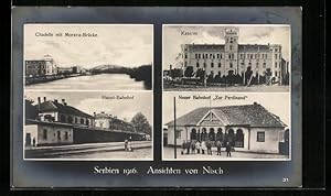 Bild des Verkufers fr Ansichtskarte Nisch, Neuer Bahnhof Zar Ferdinand, Haupt-Bahnhof, Kaserne zum Verkauf von Bartko-Reher