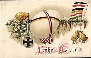 Ansichtskarte / Postkarte Glückwunsch Ostern, Osterei, Küken, Fahnen Dreibund, Eisernes Kreuz, Ma...