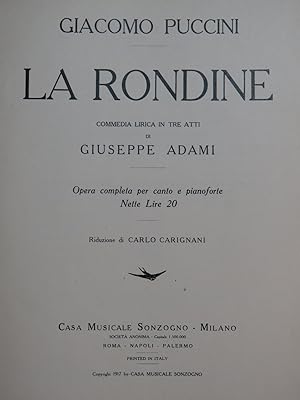 PUCCINI Giacomo La Rondine Opéra Chant Piano 1917