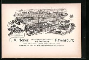 Vertreterkarte Ravensburg, Grosswerkzeugmaschinenbau und Eisengiesserei F. X. Honer, Werksansicht