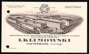 Vertreterkarte Insterburg, Erste Ostpreussische Bettfedern-Fabrik I. Klimowski, Werksanlage
