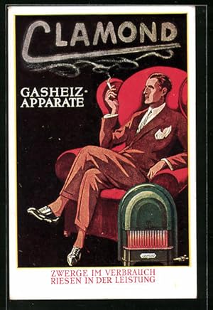 Vertreterkarte Wien, Gasheiz-Öfen Clamanond, Mann sitzt rauchend im Sessel neben dem Ofen