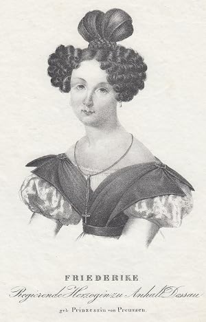 Bild des Verkufers fr (Berlin 30. 10. 1796 - 01. 01. 1850 Dessau). Prinzessin von Preussen und durch Heirat Herzogin von Anhalt-Dessau. Sie war eine Tochter des Prinzen Friedrich Ludwig Karl von Preussen (1773-1796) aus dessen Ehe mit Friederike (1778-1841), Tochter des Herzogs Karl II. zu Mecklenburg. Friederike war eine Nichte des preuss. Knigs Friedrich Wilhelm III. sowie von Knigin Luise. Brustbild von vorne,. zum Verkauf von Antiquariat Clemens Paulusch GmbH