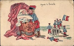Künstler Ansichtskarte / Postkarte Junge als Soldat, Kind im Wiegenbett, Spielzeuge, Bleisoldaten