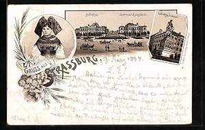 Vorläufer-Lithographie Strassburg, 1894, Bibliothek, Landesausschussgebäude, Gutenberg-Denkmal, E...
