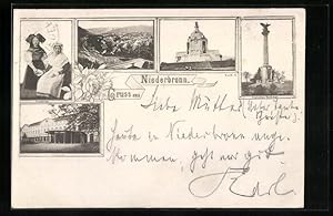 Vorläufer-Ansichtskarte Niederbronn, 1894, Kurhaus, Deutsches Denkmal, Trachten