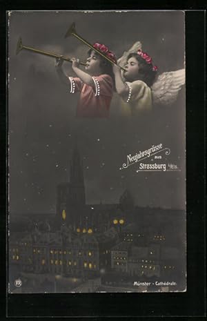 Bild des Verkufers fr Carte postale Strassburg i. Els., Mnster bei Nacht et zwei Engel avec Fanfaren zum Verkauf von Bartko-Reher