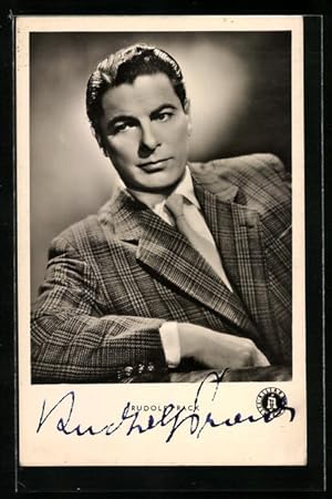 Ansichtskarte Schauspieler Rudolf Rack, Portrait im karierten Anzug, Autograph