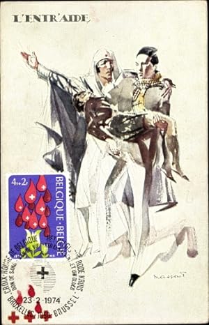 Künstler Ansichtskarte / Postkarte L'Entraide, Krankenschwester, Verwundeter Mann, Belgisches Rot...