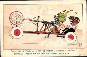 Künstler Ansichtskarte / Postkarte Mich, Charley fait de l'Auto sur sa 100HP moteur a explosion T...