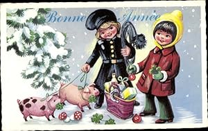 Ansichtskarte / Postkarte Glückwunsch Neujahr, Kinder, Schornsteinfeger, Schweine, Glücksklee, Hu...