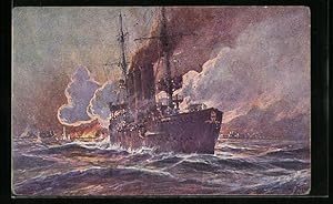 Künstler-Ansichtskarte Willy Stoewer: Madras, Beschiessung der Stadt durch Kriegsschiff S. M. Emden