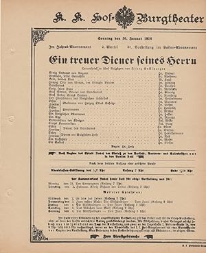 Bild des Verkufers fr Theaterzettel Franz Grillparzer EIN TREUER DIENER SEINES HERRN 30. Januar 1916 zum Verkauf von Programmhefte24 Schauspiel und Musiktheater der letzten 150 Jahre