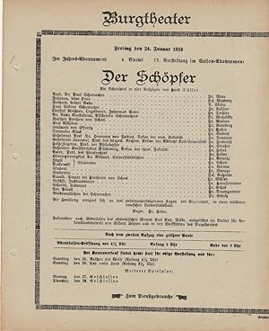 Bild des Verkufers fr Theaterzettel Hans Mller DER SCHPFER 24. Januar 1919 zum Verkauf von Programmhefte24 Schauspiel und Musiktheater der letzten 150 Jahre