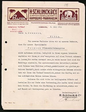 Rechnung Hamburg 1911, Palmin / Palmona Aktien Gesellschaft H. Schlinck, Cie.