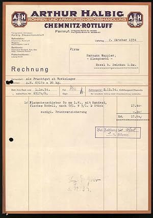 Rechnung Chemnitz-Rottluff 1934, Röhren- und Armaturen-Grosshandlung Arthur Halbig