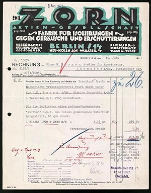 Rechnung Berlin 1927, Fabrik für Isolierungen gegen Geräusche und Erschütterungen Emil Zorn