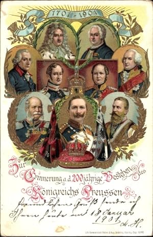 Bild des Verkufers fr Litho 200 Jahre Knigreich Preuen 1701-1901, Kaiser Wilhelm II, Knig Friedrich II, Friedrich III zum Verkauf von akpool GmbH