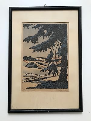 Immagine del venditore per Schwarzwald, gerahmter, farbiger Original-Holzschnitt, venduto da Antiquariat Im Baldreit