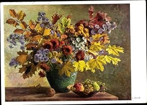Künstler Ansichtskarte / Postkarte Berndt, C., Herbststrauß, Blumen, Laubblätter, Blumenvase