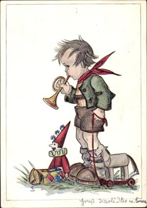 Künstler Ansichtskarte / Postkarte Junge mit Trompete, Spielzeuge, Pferd, Hampelmann