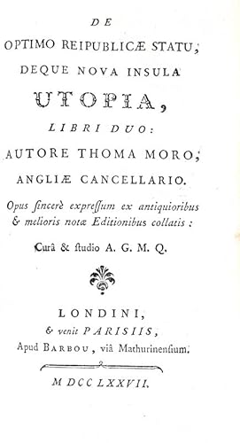 De optimo reipublicae statu, deque nova insula Utopia, libri duo.Londini & venit Parisiis, apud B...