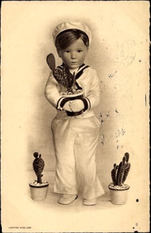 Ansichtskarte / Postkarte Käthe Kruse Puppe, Matrosenpuppe, Kakteen