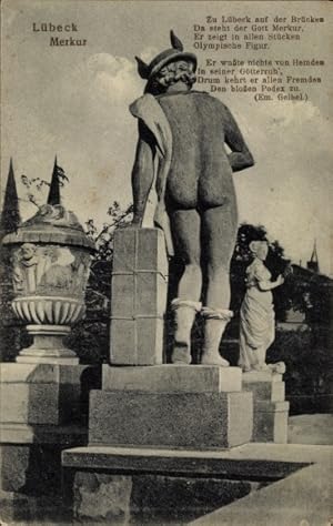 Bild des Verkufers fr Ansichtskarte / Postkarte Hansestadt Lbeck, Merkur, Statue, Nackter Hintern, Gepck, Gedicht zum Verkauf von akpool GmbH