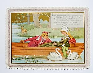 Image du vendeur pour Valentine card showing a couple in a boat with two swans swimming next to them. mis en vente par Roe and Moore