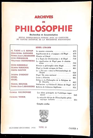 Immagine del venditore per Archives de philosophie Tome 33, octobre-dcembre 1970, cahier 4 - Hegel 1770-1970 venduto da LibrairieLaLettre2