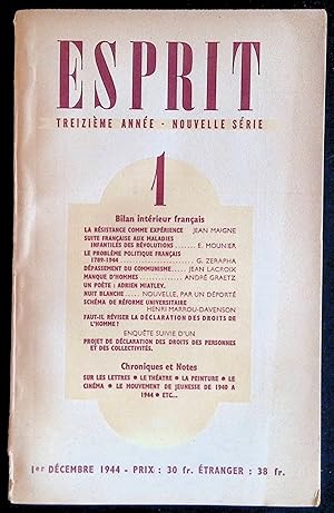 Seller image for Esprit 13e anne, nouvelle srie, n105, 1er dcembre 1944 - Bilan intrieur franais for sale by LibrairieLaLettre2