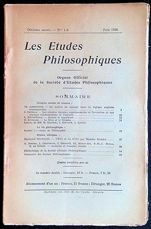 Imagen del vendedor de Les Etudes Philosophiques Dixime anne, n1-2 juin 1936 a la venta por LibrairieLaLettre2