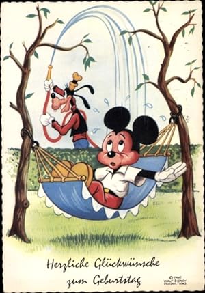 Ansichtskarte / Postkarte Wald Disney, Mickey Mouse, Goofy, Hängematte, Wasserschlauch, Geburtstag