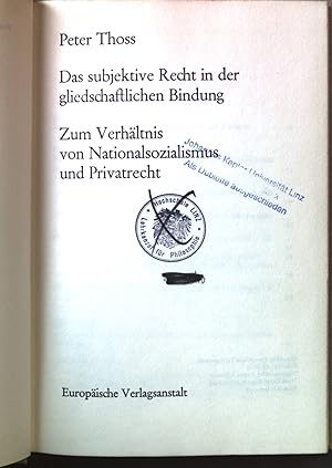 Bild des Verkufers fr Das subjektive Recht in der gliedschaftlichen Bildung. Zum Verhltnis von Nationalsozialismus und Privatrecht. zum Verkauf von books4less (Versandantiquariat Petra Gros GmbH & Co. KG)