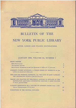 Seller image for Bulletin of the New York Public Library (January 1960, Column 64, Number 1) for sale by Manian Enterprises