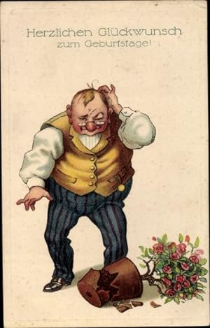Bild des Verkäufers für Ansichtskarte / Postkarte Glückwunsch Geburtstag, Mann mit zerbrochenem Blumentopf, Rosenstock zum Verkauf von akpool GmbH